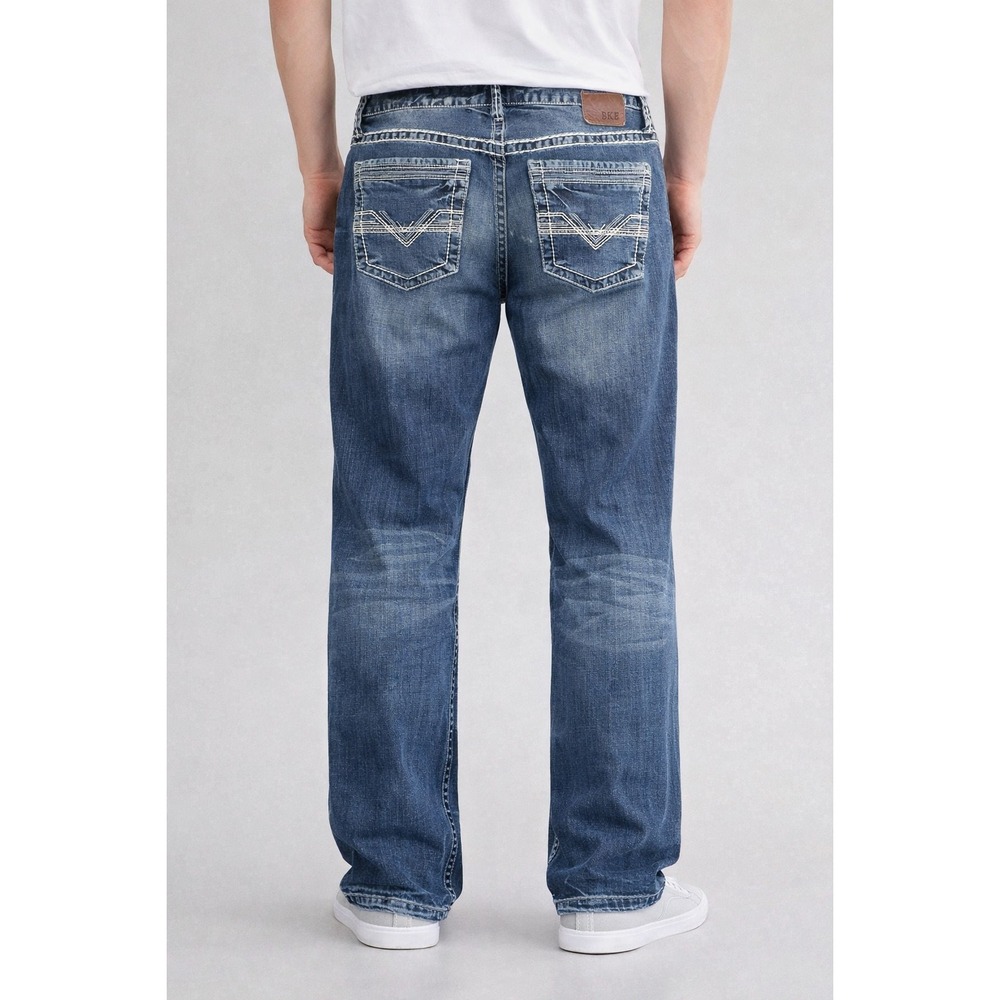 BKE Derek Bootcut Jeans Mens 36R Medium Wash Thick Stitch Denim Blue - Picture 13 of 14